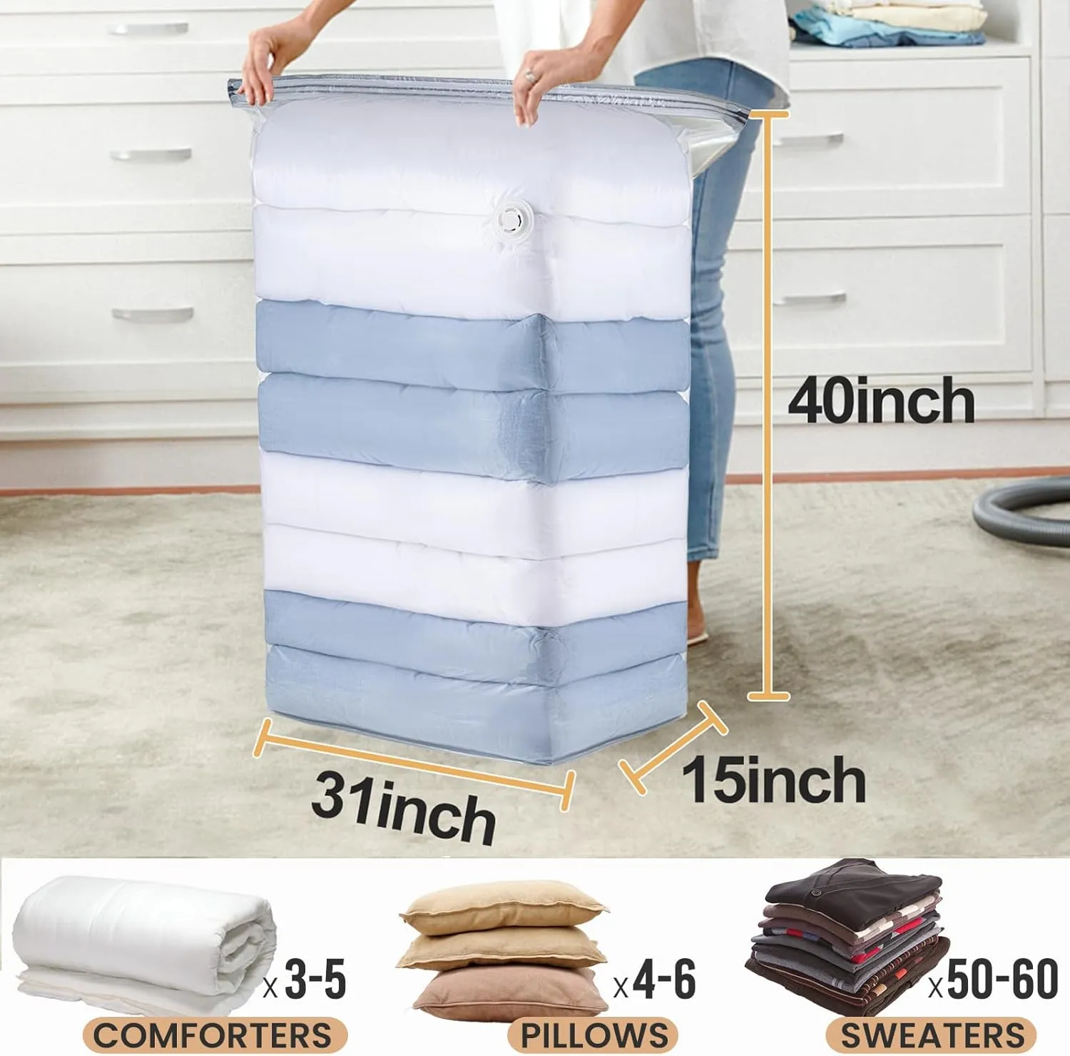 TAILI 12 Pack Vacuum Storage Bags, Jumbo Cube 31x40x15 Inch, Extra Large Vacuum Seale Bags for Comforters Blankets, Bedding, Clothing, Space Saver Closet Organization, Clear