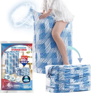 TAILI 6 Pack Vacuum Storage Bags, Jumbo Cube (31x40x15 Inch), Large Vacuum Seal Bag for Clothes, Comforters, Blankets, Bedding, Sweater, Closet Storage and Organization, Blue Coastline