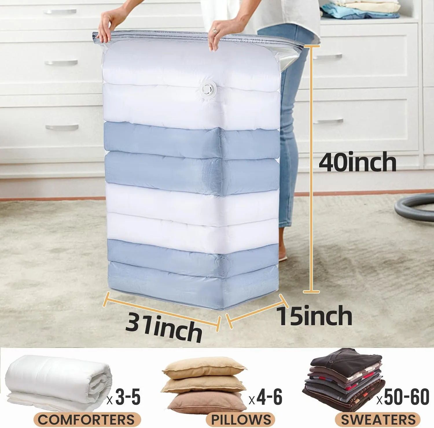 TAILI 8 Pack Vacuum Storage Bags, Jumbo Cube (31x40x15 Inch), Large Vacuum Seal Bags for Bedding, Comforters, Blankets, Clothing, Closet Space Saving, Clear
