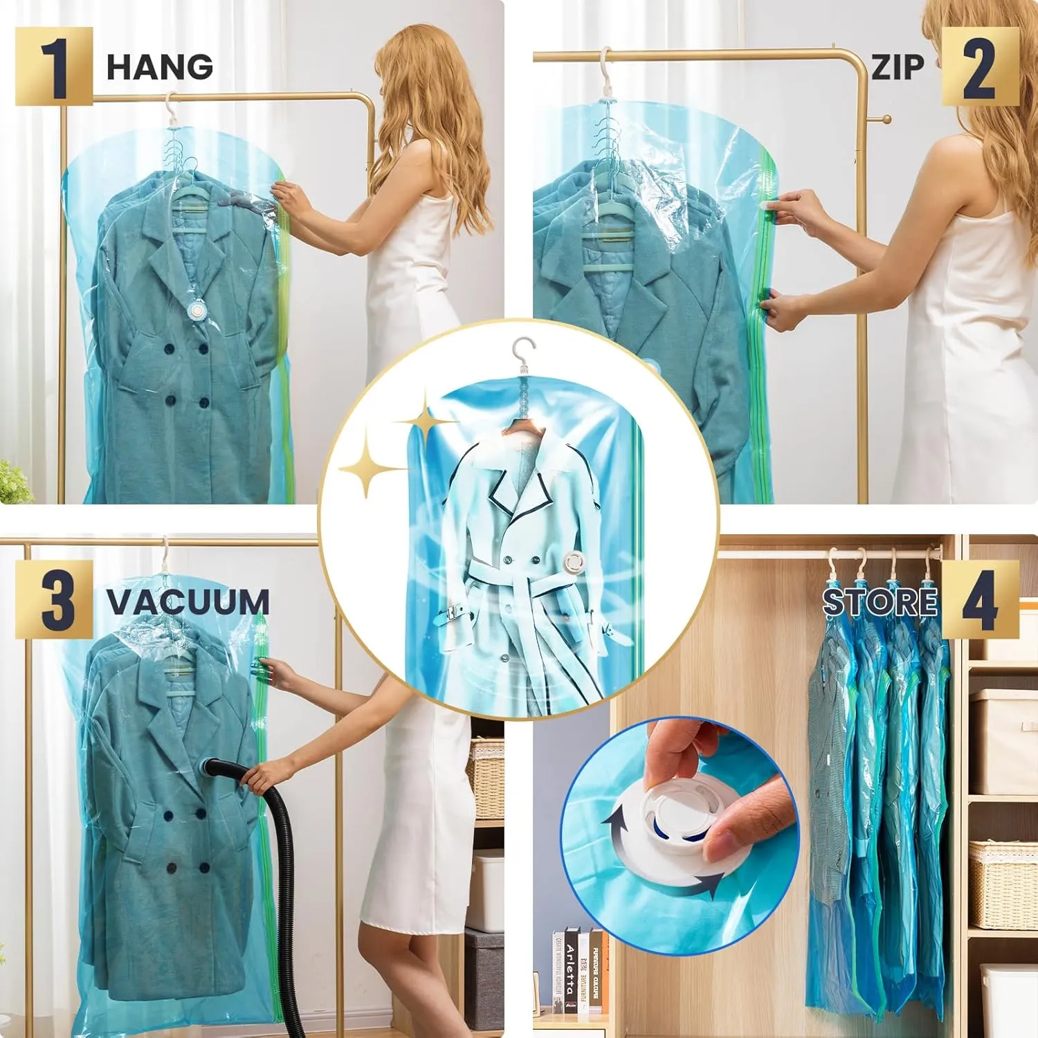 TAILI Hanging Vacuum Sealer Storage Bags Space Saver Bags for Clothing, Suits and Jackets, Closet Organizers, (3 Long, 3 Short) Blue