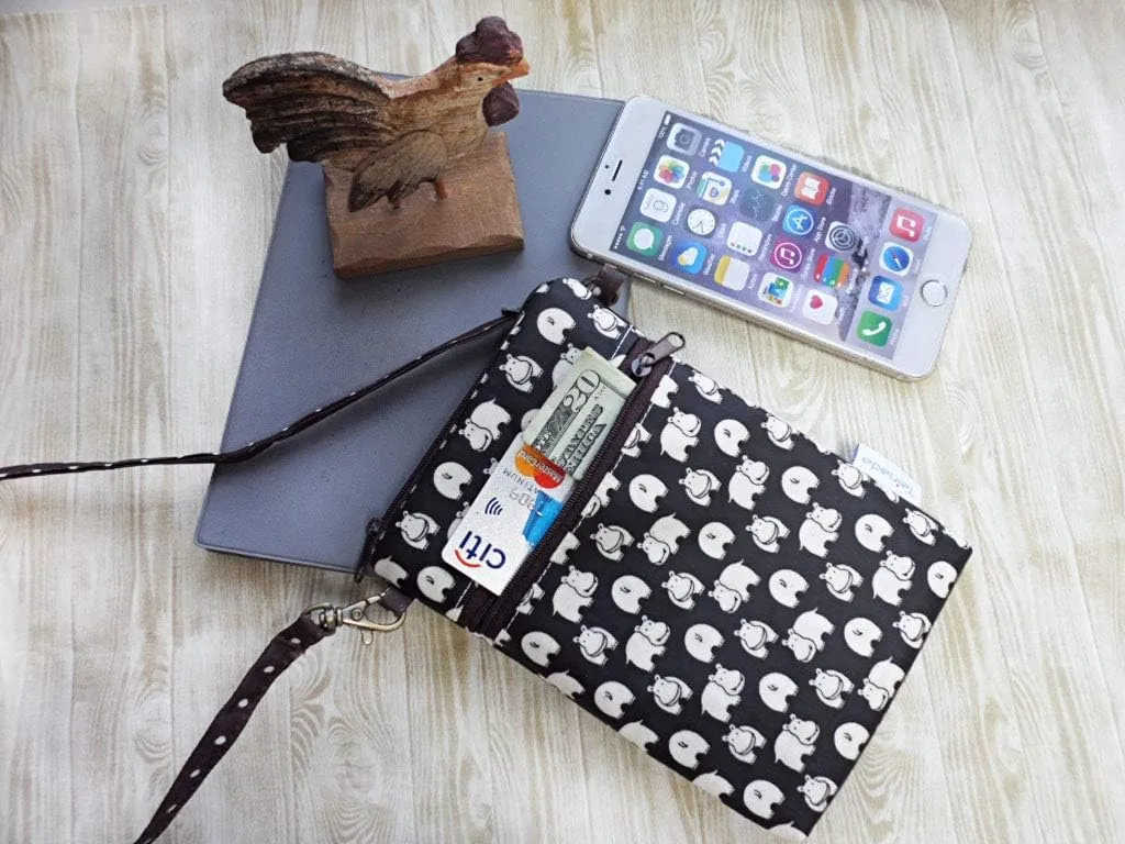 Tainada Women Crossbody Shoulder Travel Zippered Wallet Purse Clutch Phone Bag w/Detachable Strap (Hippo Pattern Black)