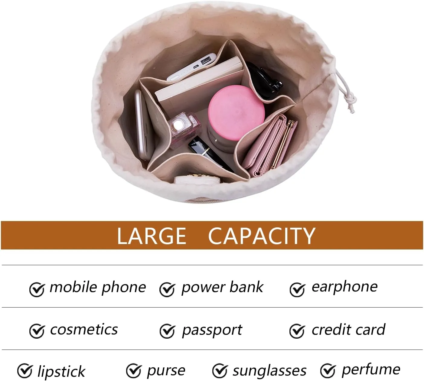 Tall Purse Organizer Insert Womens Canvas Round Handbag Organizer Storage,Handbag Purse Organizer Round Cosmetic Pouch Bag Bucket Makeup Bag
