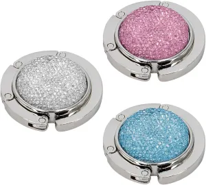 TANOSII Foldable Purse Hook Floding Handbag Hanger Bling Rhinestone Bag Holder for Table Desk 3 PCS White Pink Blue