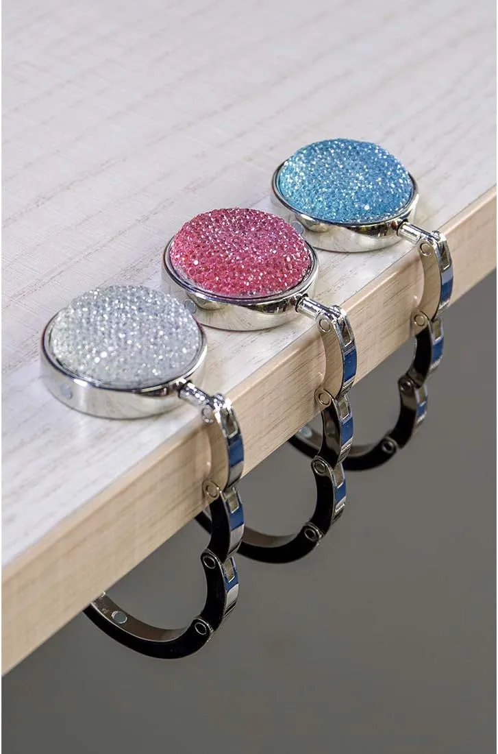 TANOSII Foldable Purse Hook Floding Handbag Hanger Bling Rhinestone Bag Holder for Table Desk 3 PCS White Pink Blue