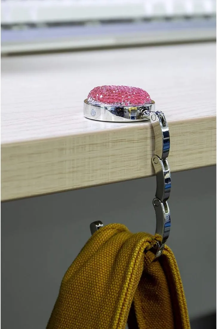 TANOSII Foldable Purse Hook Floding Handbag Hanger Bling Rhinestone Bag Holder for Table Desk 3 PCS White Pink Blue