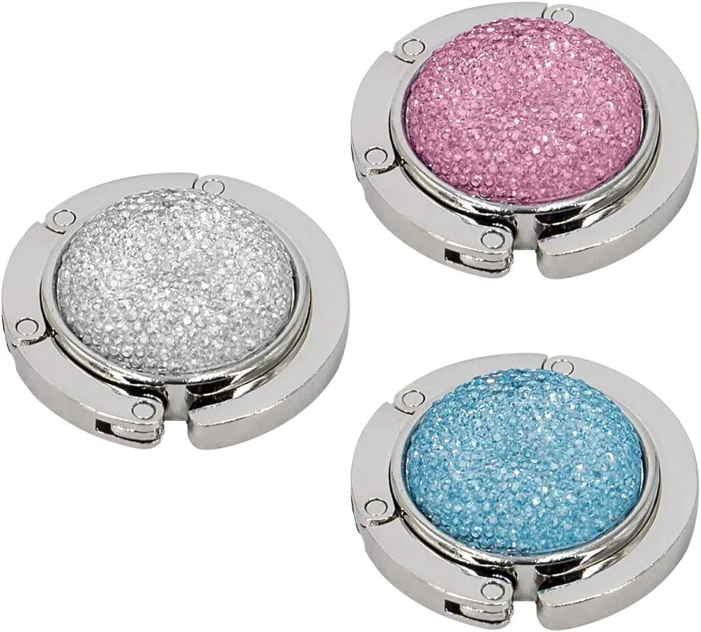TANOSII Foldable Purse Hook Floding Handbag Hanger Bling Rhinestone Bag Holder for Table Desk 3 PCS White Pink Blue