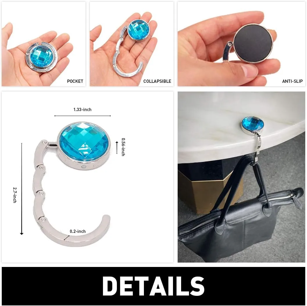 TANOSII Foldable Purse Hook Floding Handbag Hanger Rhinestone Bag Holder for Table Desk 3 PCS White Pink Blue