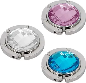 TANOSII Foldable Purse Hook Floding Handbag Hanger Rhinestone Bag Holder for Table Desk 3 PCS White Pink Blue