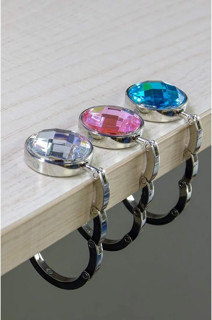 TANOSII Foldable Purse Hook Floding Handbag Hanger Rhinestone Bag Holder for Table Desk 3 PCS White Pink Blue
