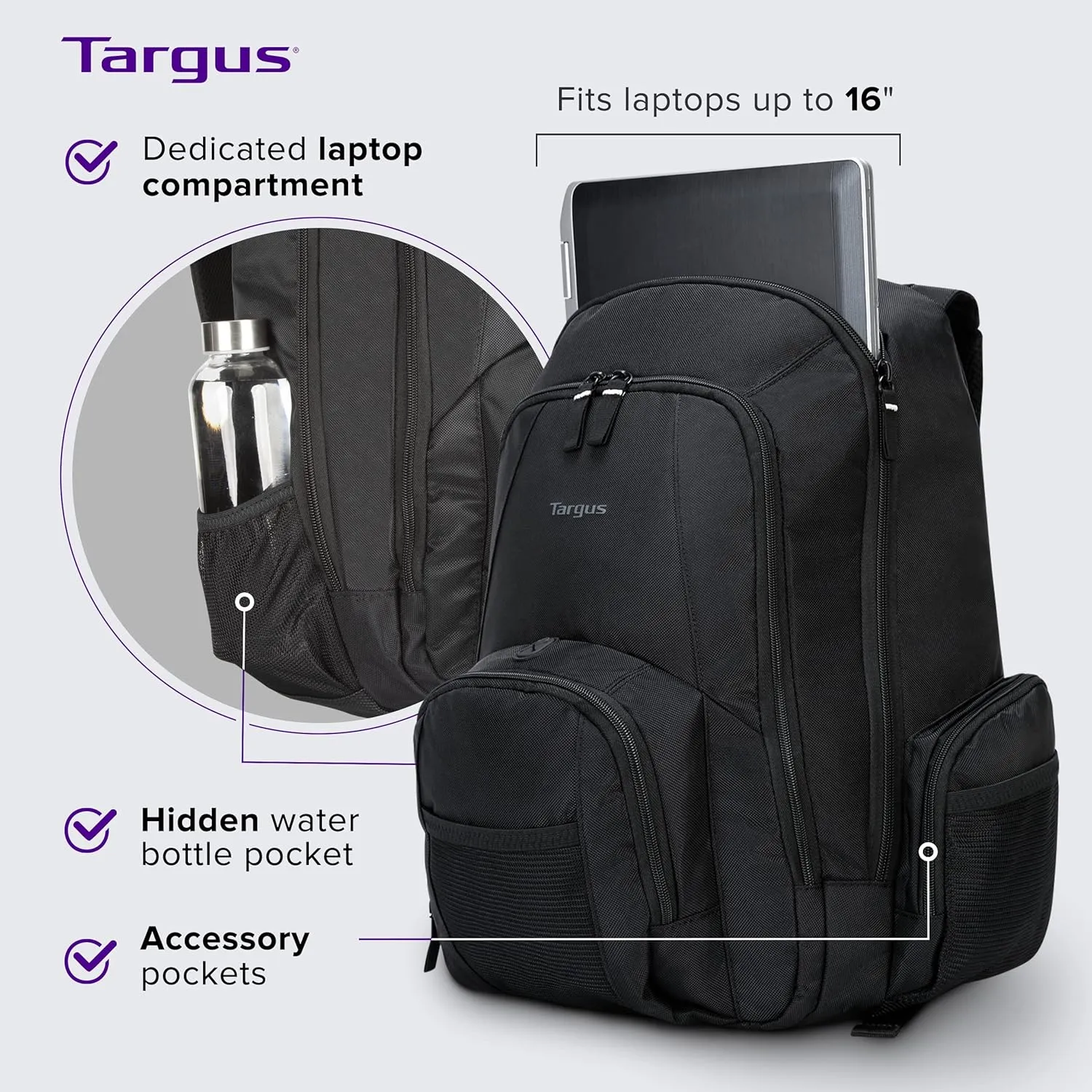 Targus 16 Inch Groove Laptop Backpack, Black - Fits Most Laptops up to 16", Water Resistant Travel Backpack for Business Commuters and Travel (CVR600)