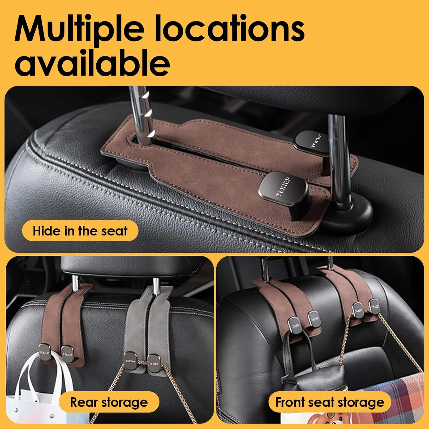 Tekiep Car Seat Hooks Multifunctional Hook for Car Seat Back and Front Microfiber Leather Double Hook for Handbags and Coats (2PCS Brown)