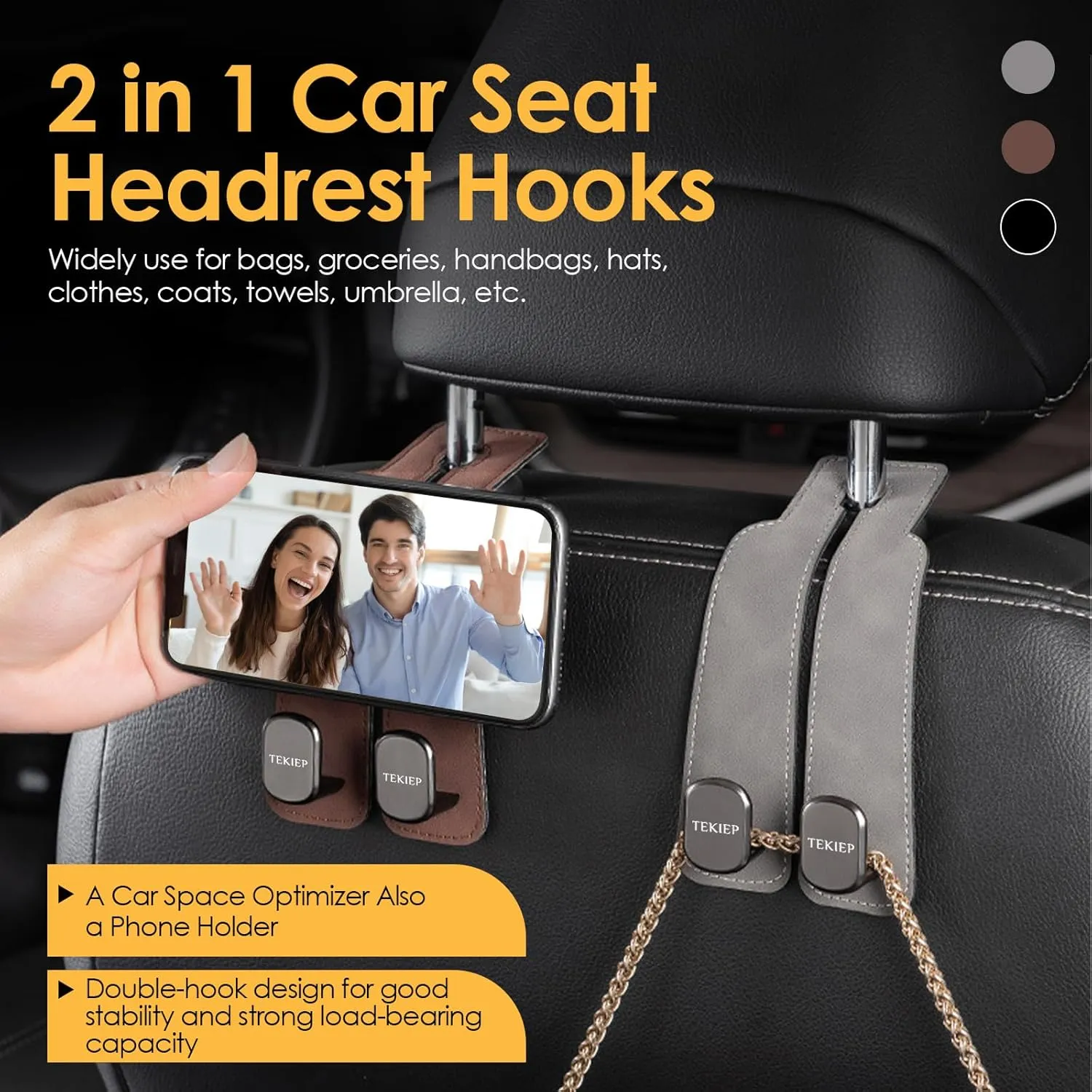 Tekiep Car Seat Hooks Multifunctional Hook for Car Seat Back and Front Microfiber Leather Double Hook for Handbags and Coats (2PCS Brown)