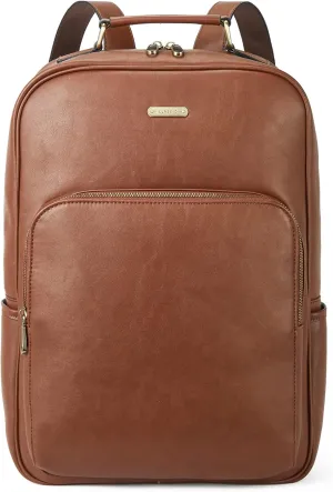Telena Leather Laptop Backpack for Women College Casual 15.6 inch Work Computer Bag Brown