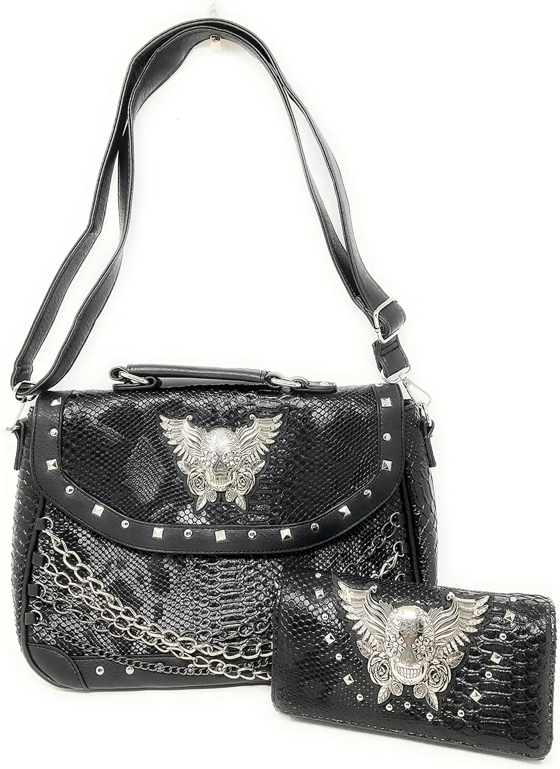 Texas West Women's Embroidered Metal Skull Purse Handbag and Wallet set in 7 colors
