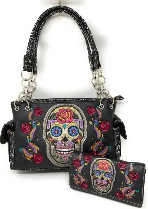 Texas West Women's Embroidered Metal Skull Purse Handbag and Wallet set in 7 colors
