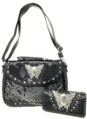 Texas West Women's Embroidered Metal Skull Purse Handbag and Wallet set in 7 colors