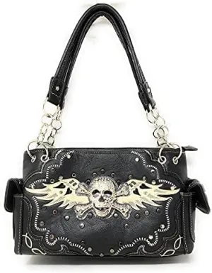 Texas West Women's Embroidered Metal Skull With Wings Purse Handbag and Wallet set