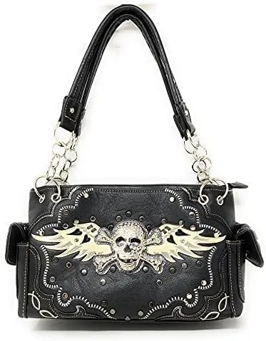 Texas West Women's Embroidered Metal Skull With Wings Purse Handbag and Wallet set