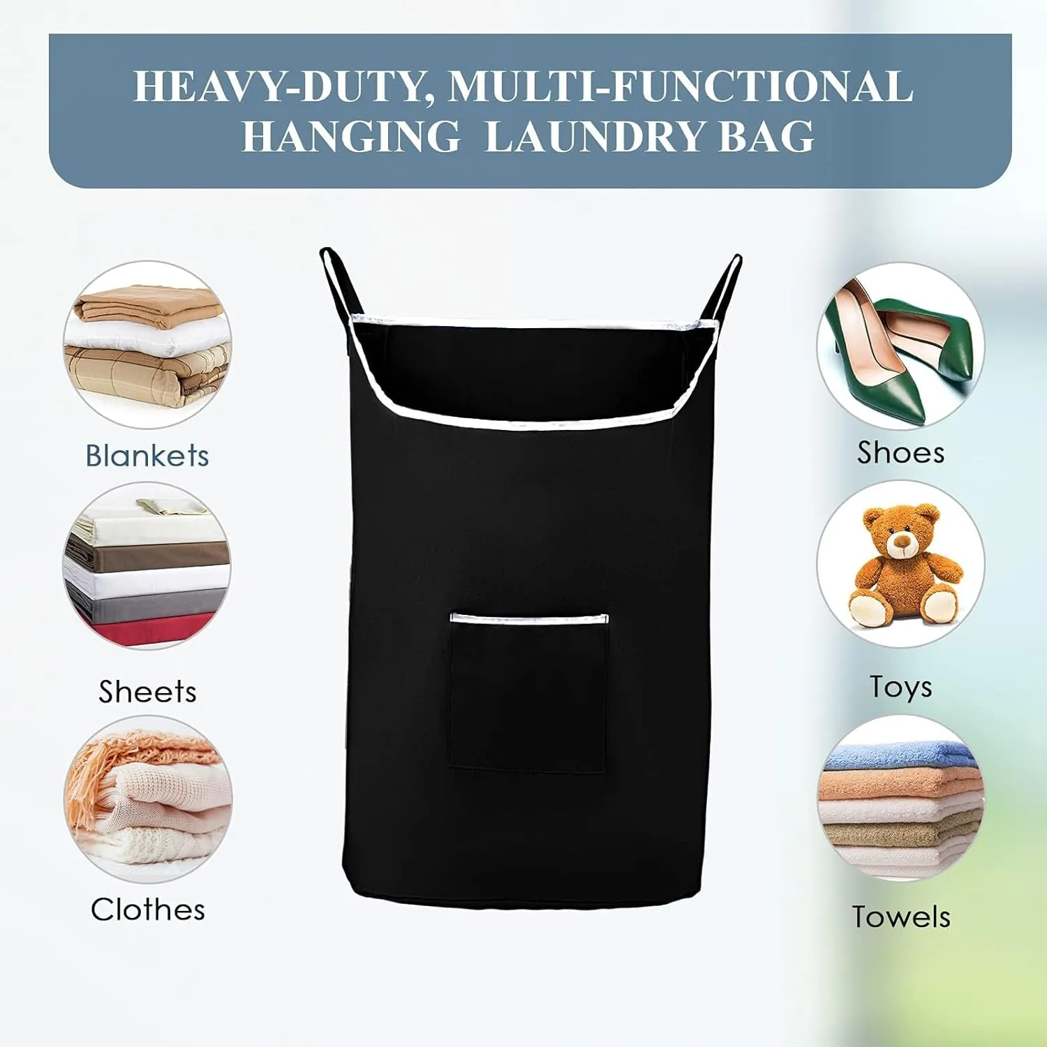 The Fine Living Co. X-Large Hanging Laundry Hamper with Over Door Hooks & Adhesive,Durable Space Saving Laundry Bag with Zipper and Wide Open Top,Hanging Dorm Laundry Hamper 20"x3.75"x31" (Black-XL)