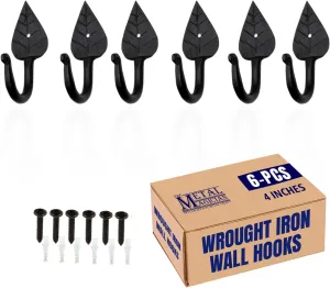 The Metal Magician Pack of 6 Coat Hooks Wall Mounted Leaf Style Single Robe Hanger Iron Blacksmith Key Holder Towel, Handbags, Hat Hanging Perfect for Bathroom, Kitchen, Living Room
