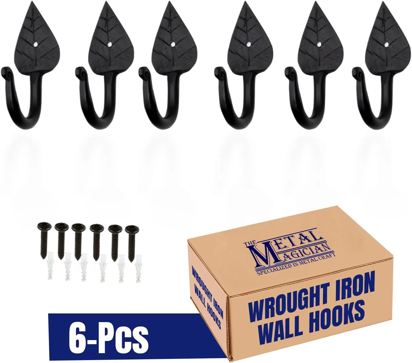The Metal Magician Pack of 6 Coat Hooks Wall Mounted Leaf Style Single Robe Hanger Iron Blacksmith Key Holder Towel, Handbags, Hat Hanging Perfect for Bathroom, Kitchen, Living Room