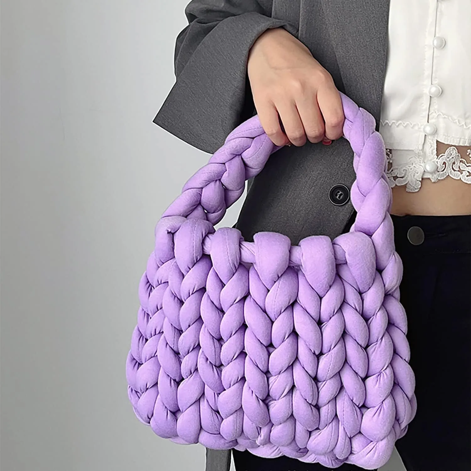 Thick Bulky Giant Wool Handwoven Handbag,Chunky Yarn Knit Shoulder Bag,Casual Soft Purse,Braided DIY Bucket Bag