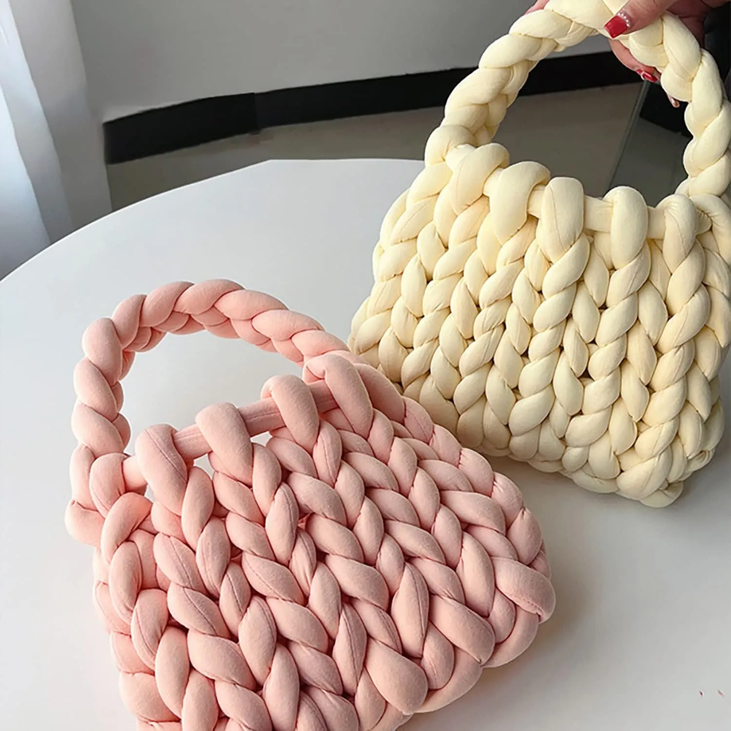 Thick Bulky Giant Wool Handwoven Handbag,Chunky Yarn Knit Shoulder Bag,Casual Soft Purse,Braided DIY Bucket Bag
