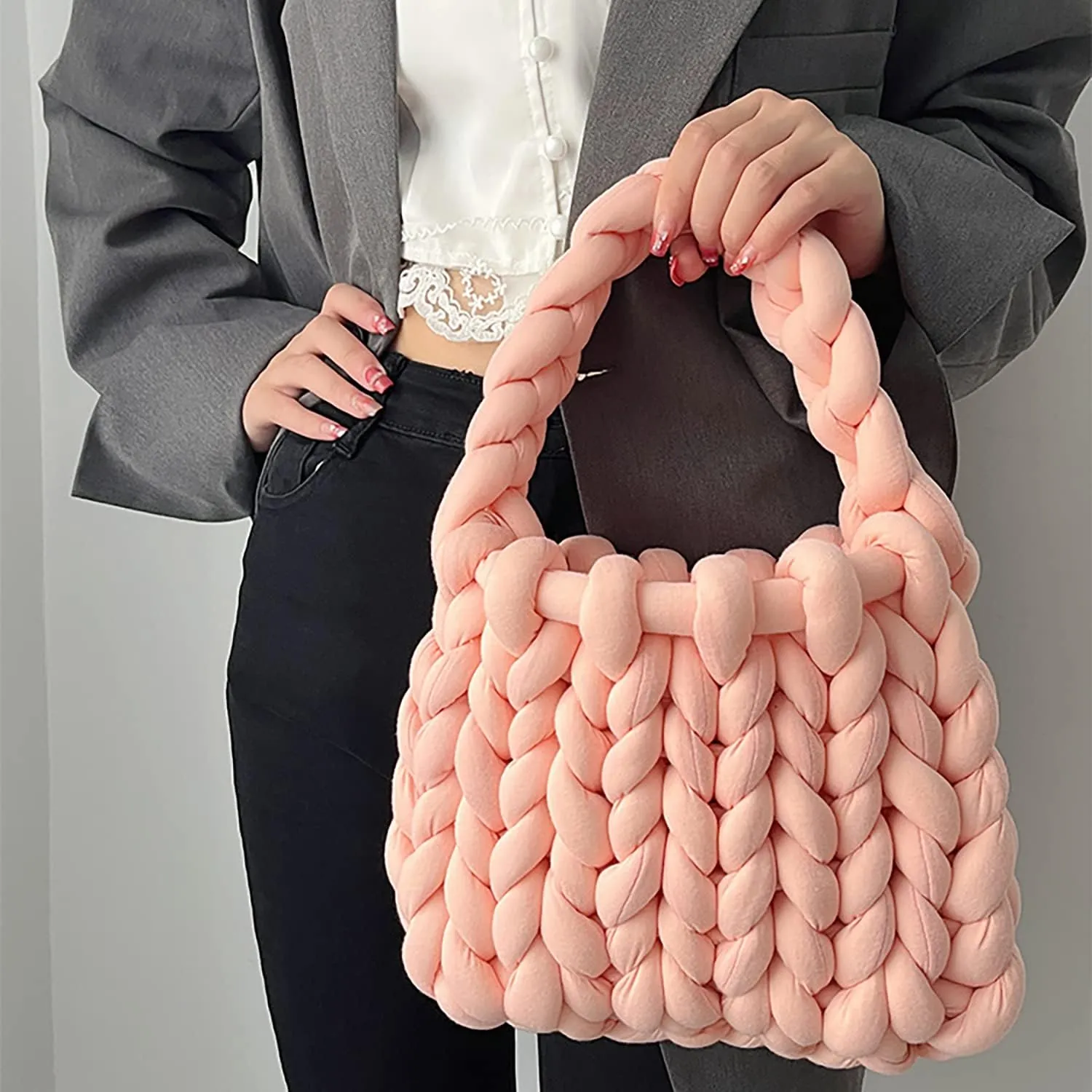 Thick Bulky Giant Wool Handwoven Handbag,Chunky Yarn Knit Shoulder Bag,Casual Soft Purse,Braided DIY Bucket Bag