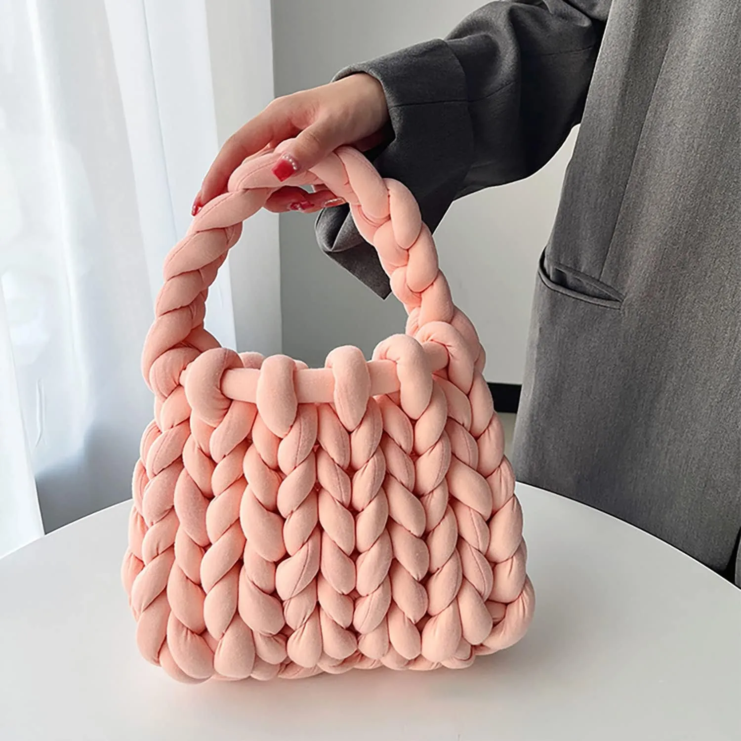 Thick Bulky Giant Wool Handwoven Handbag,Chunky Yarn Knit Shoulder Bag,Casual Soft Purse,Braided DIY Bucket Bag