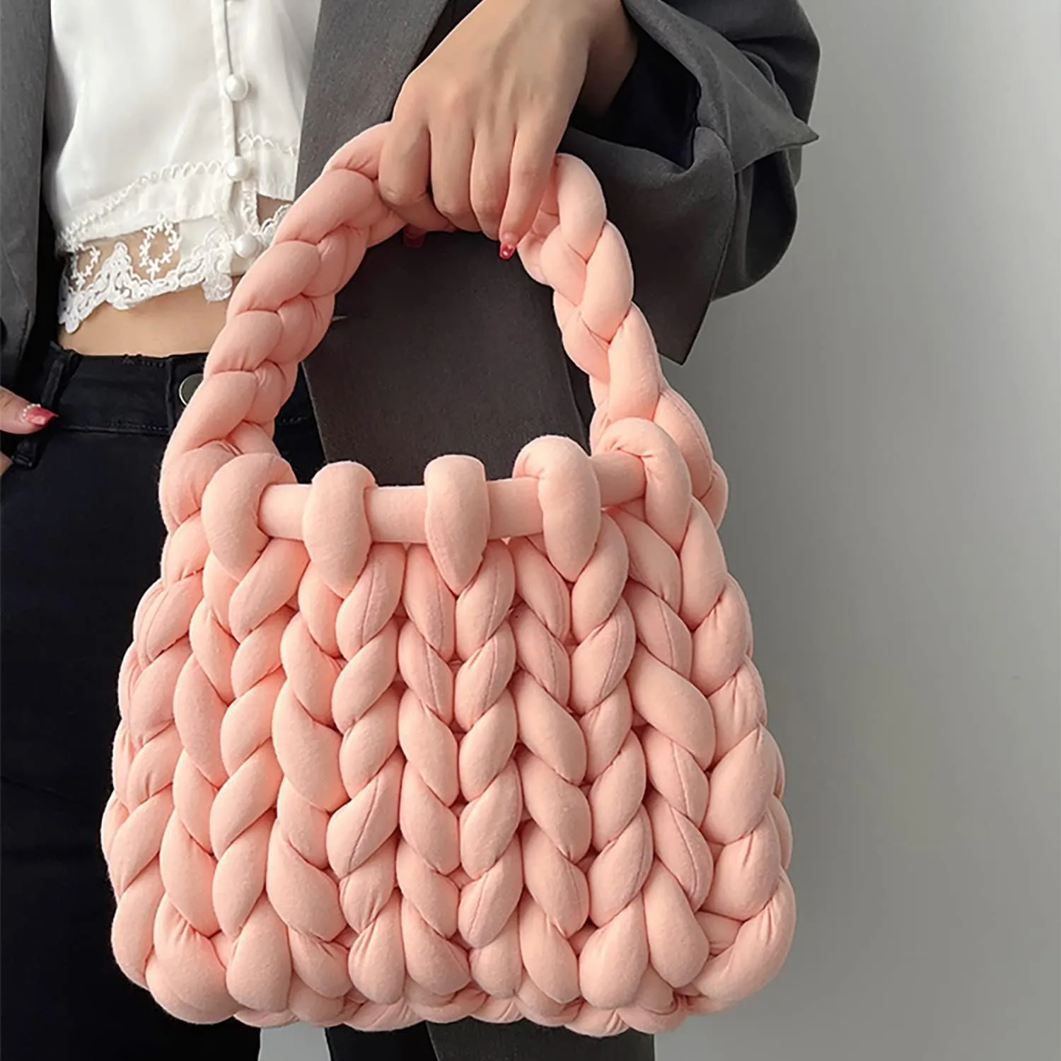 Thick Bulky Giant Wool Handwoven Handbag,Chunky Yarn Knit Shoulder Bag,Casual Soft Purse,Braided DIY Bucket Bag