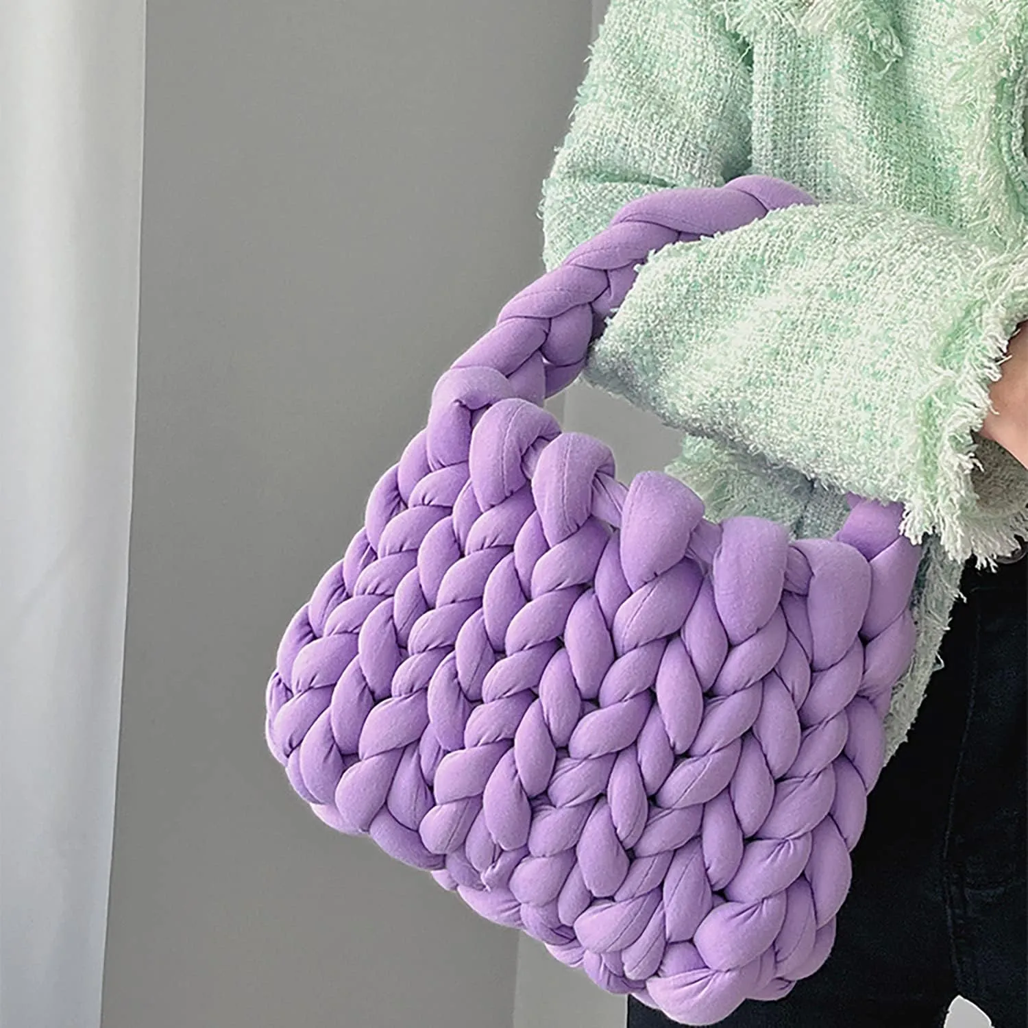 Thick Bulky Giant Wool Handwoven Handbag,Chunky Yarn Knit Shoulder Bag,Casual Soft Purse,Braided DIY Bucket Bag