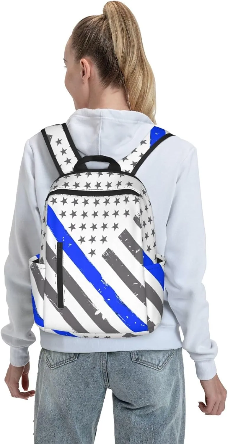 Thin Blue Line American Flag Casual Backpacks Laptop Backpack Outdoor Travel Rucksack Sport Carry-On Daypack Lightweight Bag with Multi-Pockets
