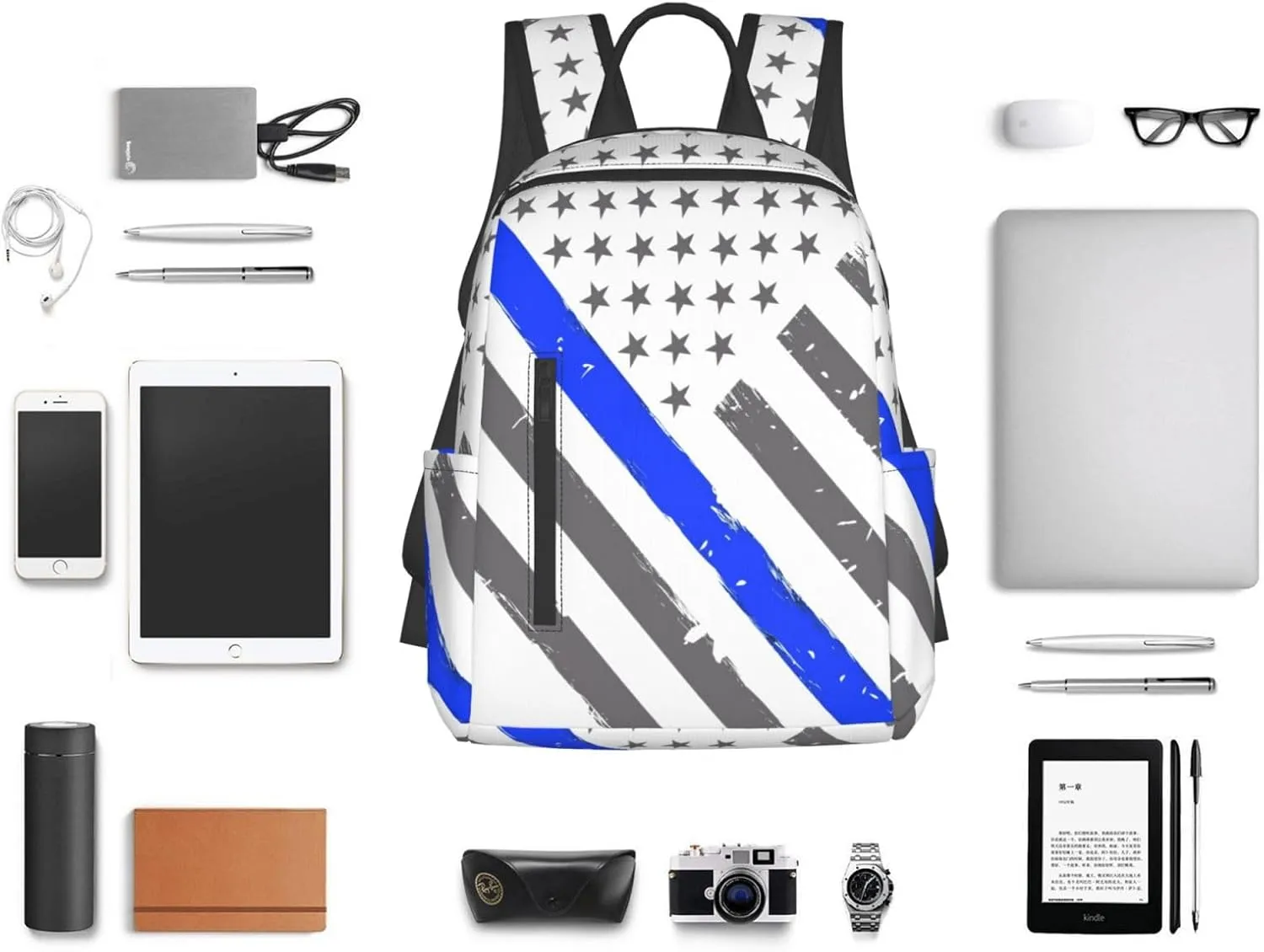 Thin Blue Line American Flag Casual Backpacks Laptop Backpack Outdoor Travel Rucksack Sport Carry-On Daypack Lightweight Bag with Multi-Pockets