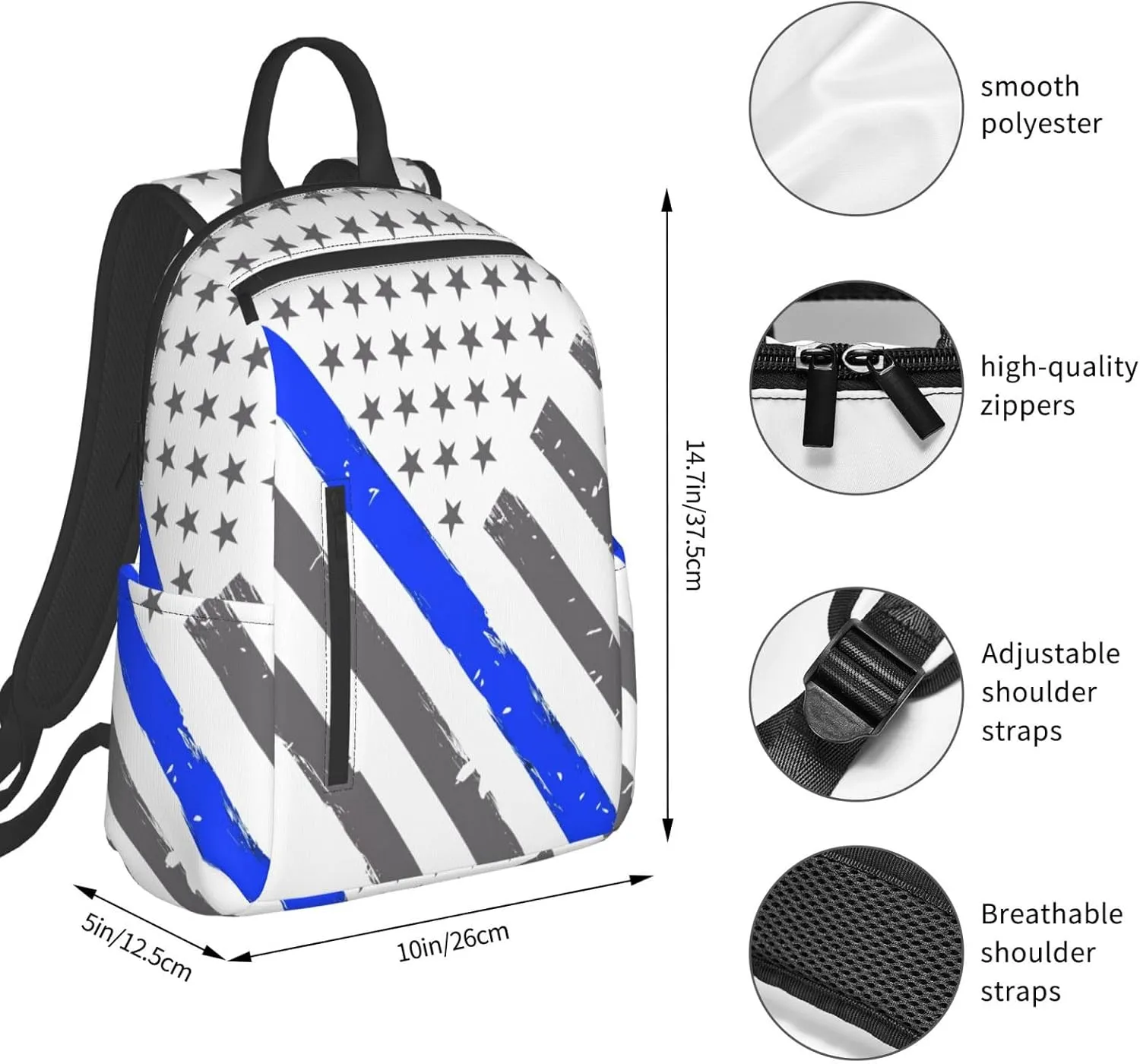 Thin Blue Line American Flag Casual Backpacks Laptop Backpack Outdoor Travel Rucksack Sport Carry-On Daypack Lightweight Bag with Multi-Pockets
