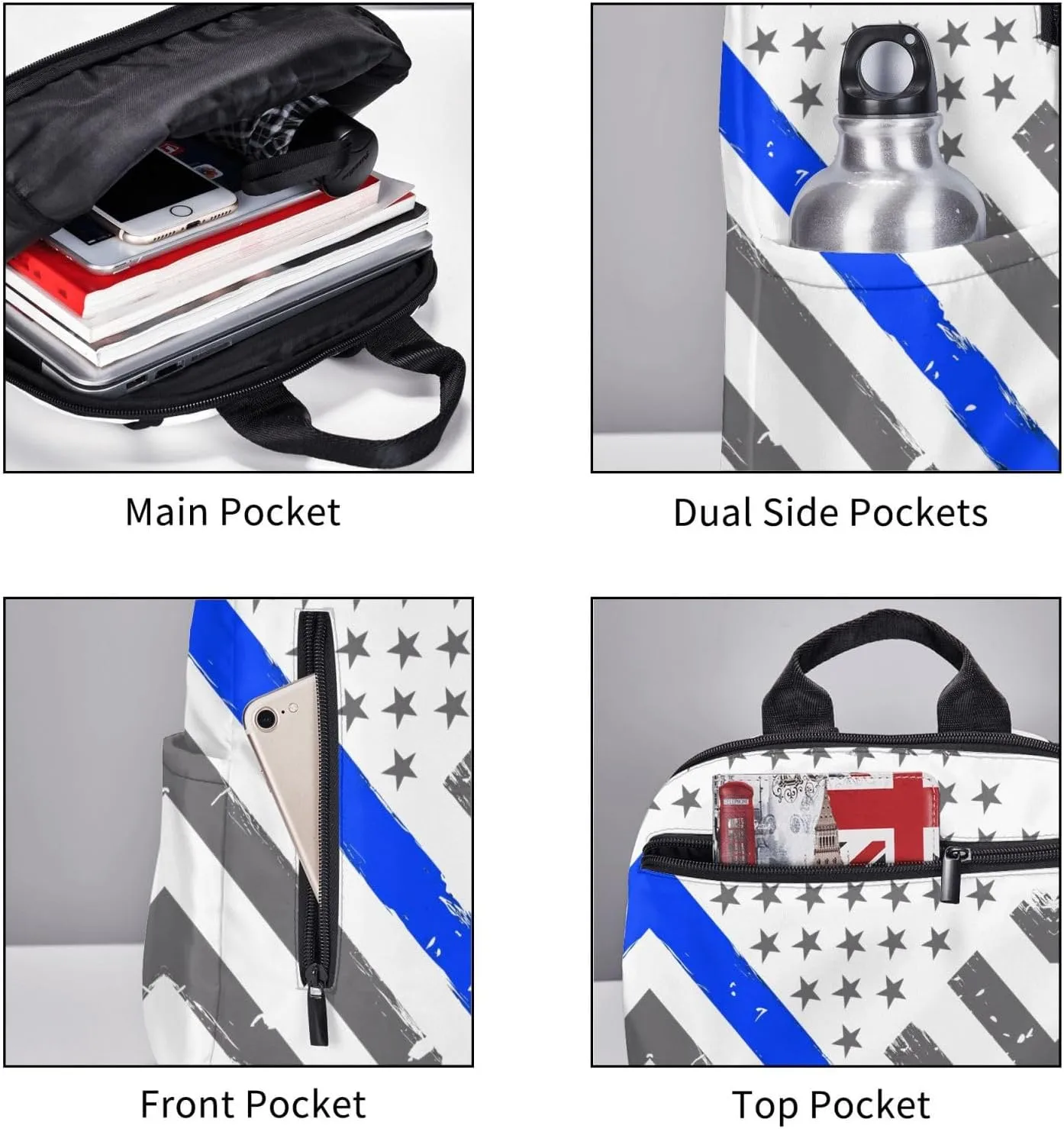 Thin Blue Line American Flag Casual Backpacks Laptop Backpack Outdoor Travel Rucksack Sport Carry-On Daypack Lightweight Bag with Multi-Pockets