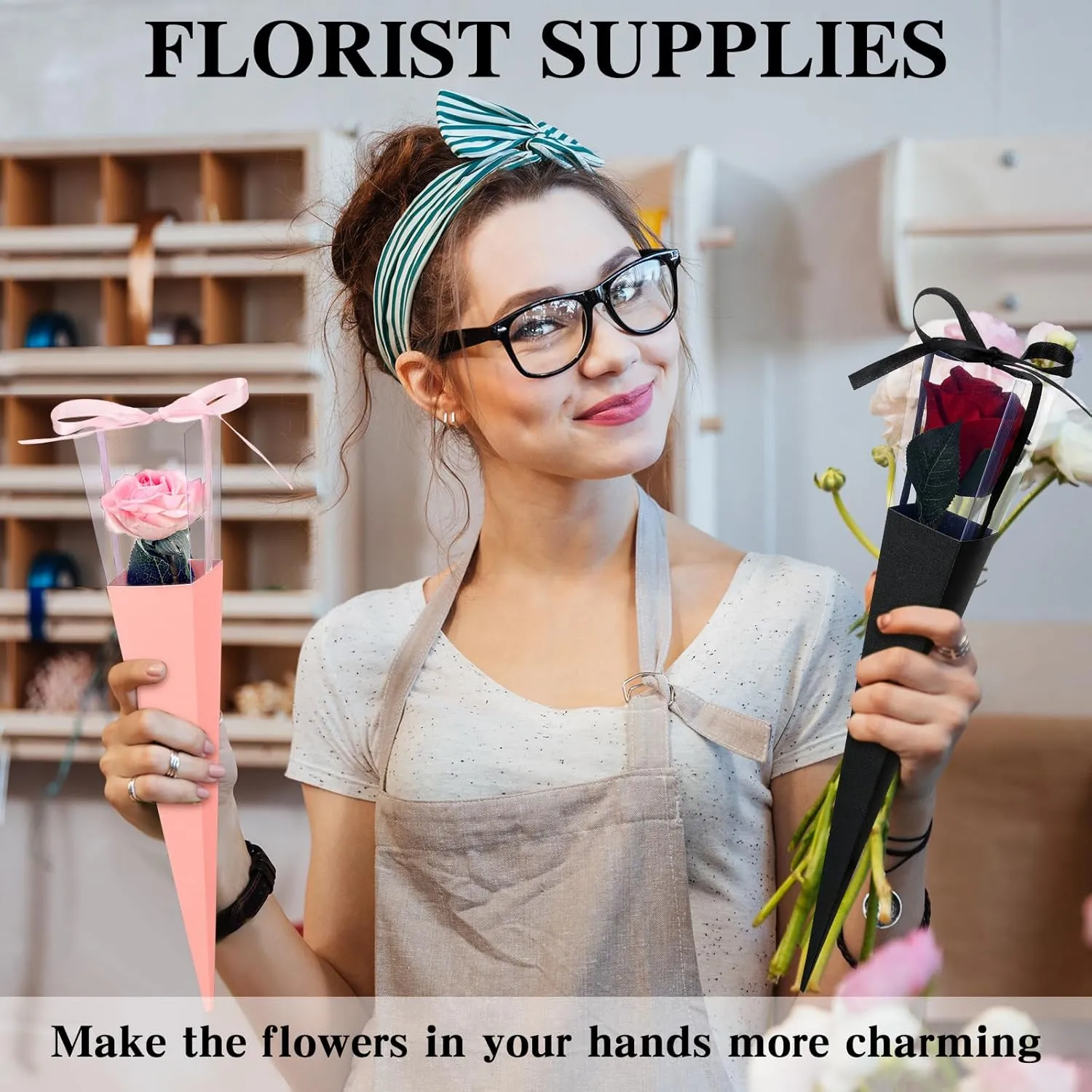 Thyle 24 Pcs Flower Bags Single Rose Sleeves DIY Floral Wrapping Paper Single Rose Flower Bouquet Bag Floral Gift for International Women's Mother's Day Wedding Arrangement Supply(Pink, Black)