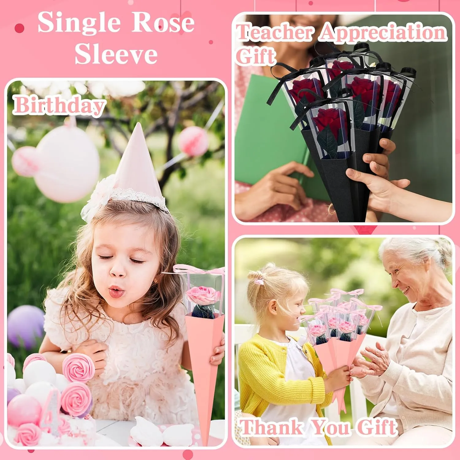 Thyle 24 Pcs Flower Bags Single Rose Sleeves DIY Floral Wrapping Paper Single Rose Flower Bouquet Bag Floral Gift for International Women's Mother's Day Wedding Arrangement Supply(Pink, Black)