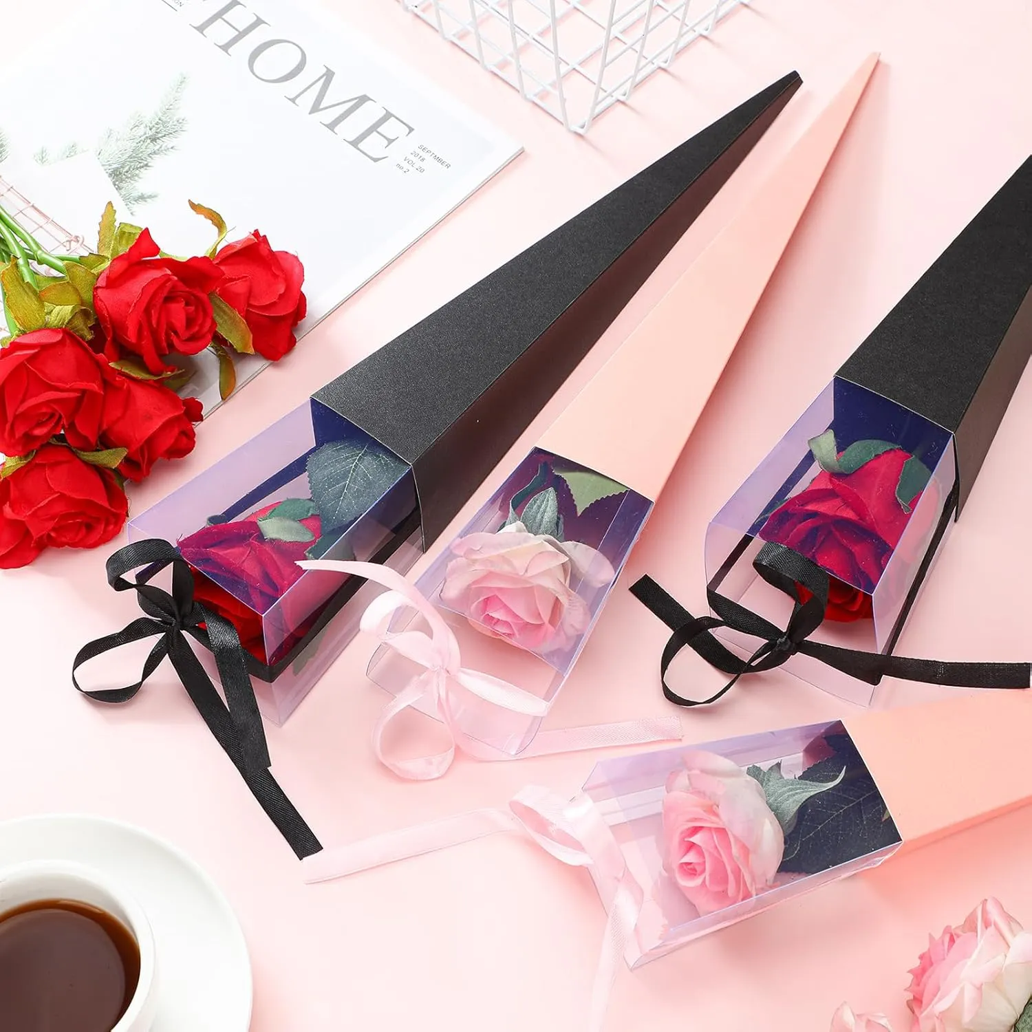 Thyle 24 Pcs Flower Bags Single Rose Sleeves DIY Floral Wrapping Paper Single Rose Flower Bouquet Bag Floral Gift for International Women's Mother's Day Wedding Arrangement Supply(Pink, Black)