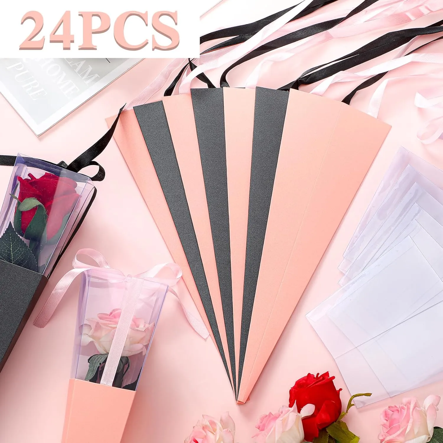Thyle 24 Pcs Flower Bags Single Rose Sleeves DIY Floral Wrapping Paper Single Rose Flower Bouquet Bag Floral Gift for International Women's Mother's Day Wedding Arrangement Supply(Pink, Black)