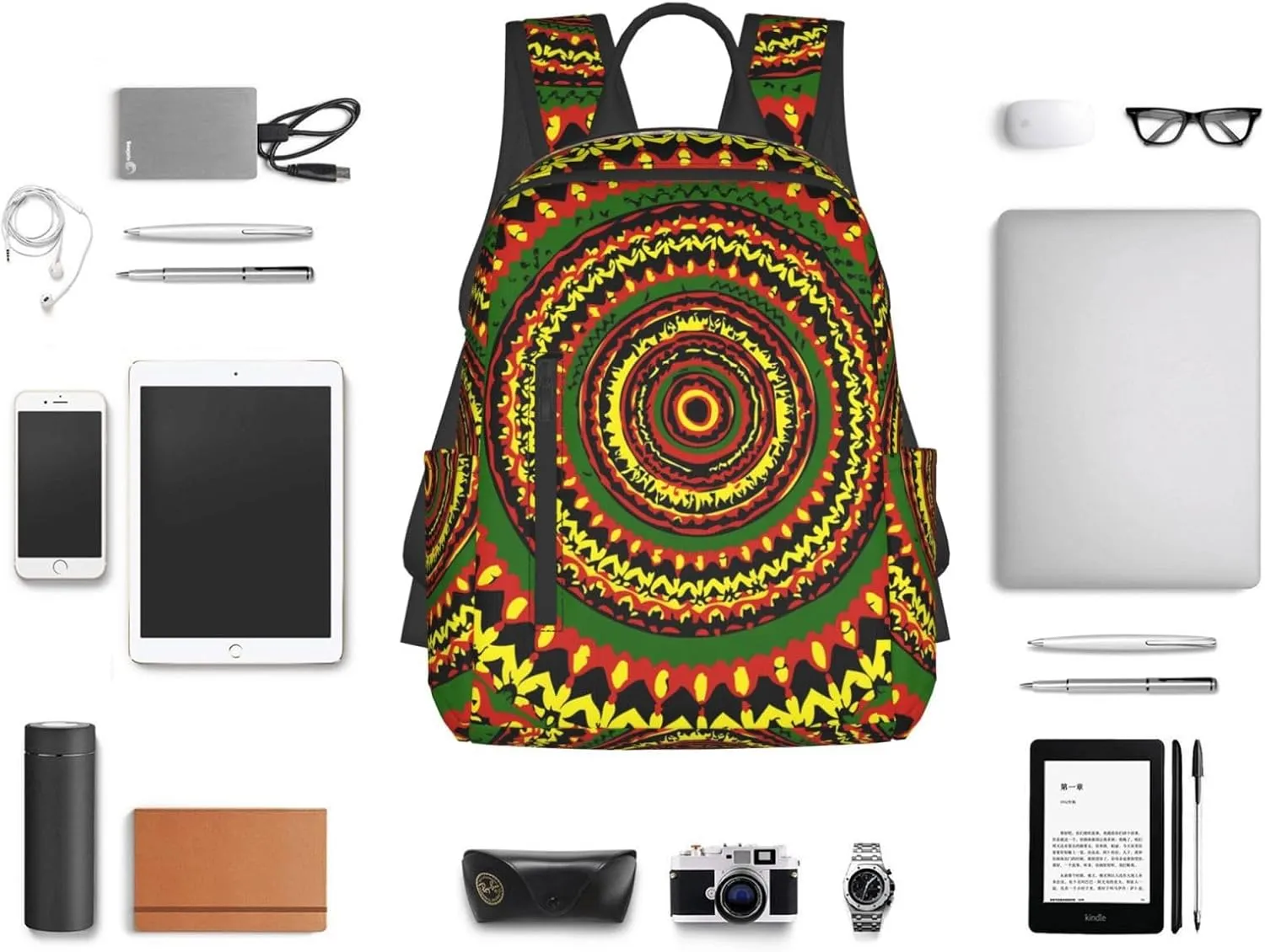 Tie Dye Rasta Circle Casual Backpacks Laptop Backpack Outdoor Travel Rucksack Sport Carry-On Daypack Lightweight Bag with Multi-Pockets