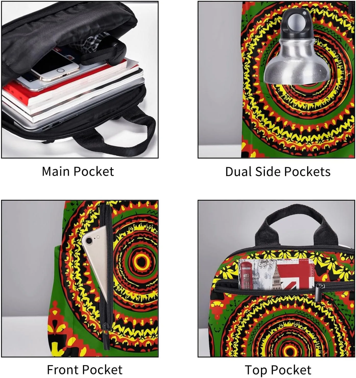 Tie Dye Rasta Circle Casual Backpacks Laptop Backpack Outdoor Travel Rucksack Sport Carry-On Daypack Lightweight Bag with Multi-Pockets