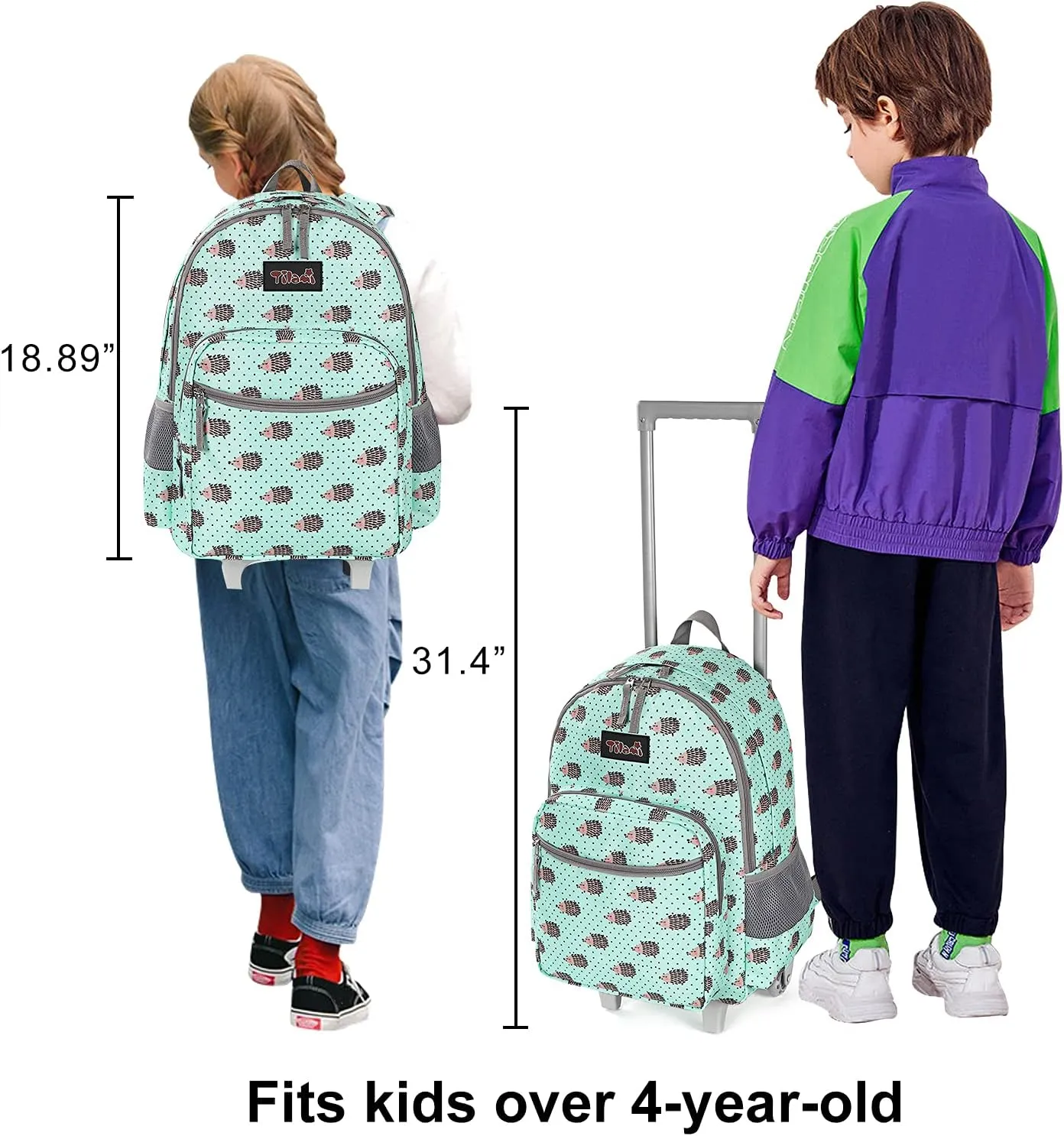 Tilami Rolling Backpack 18 inch Double Handle with Lunch Bag Wheeled Kids Backpack for Girls and Boys, Hedgehog Green