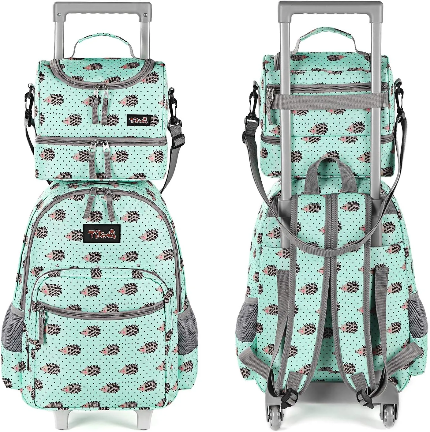 Tilami Rolling Backpack 18 inch Double Handle with Lunch Bag Wheeled Kids Backpack for Girls and Boys, Hedgehog Green