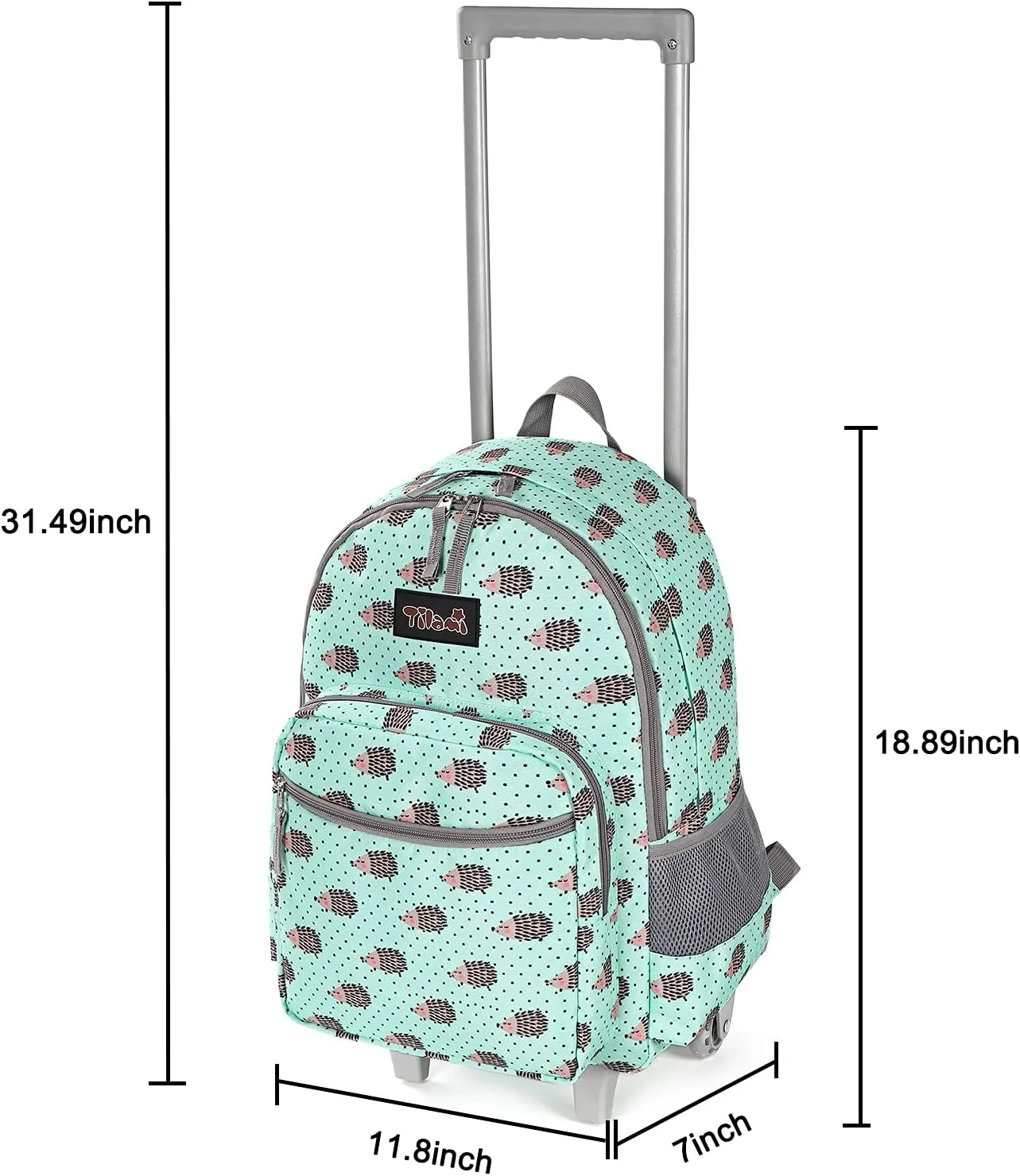 Tilami Rolling Backpack 18 inch Double Handle with Lunch Bag Wheeled Kids Backpack for Girls and Boys, Hedgehog Green