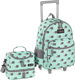 Tilami Rolling Backpack 18 inch Double Handle with Lunch Bag Wheeled Kids Backpack for Girls and Boys, Hedgehog Green