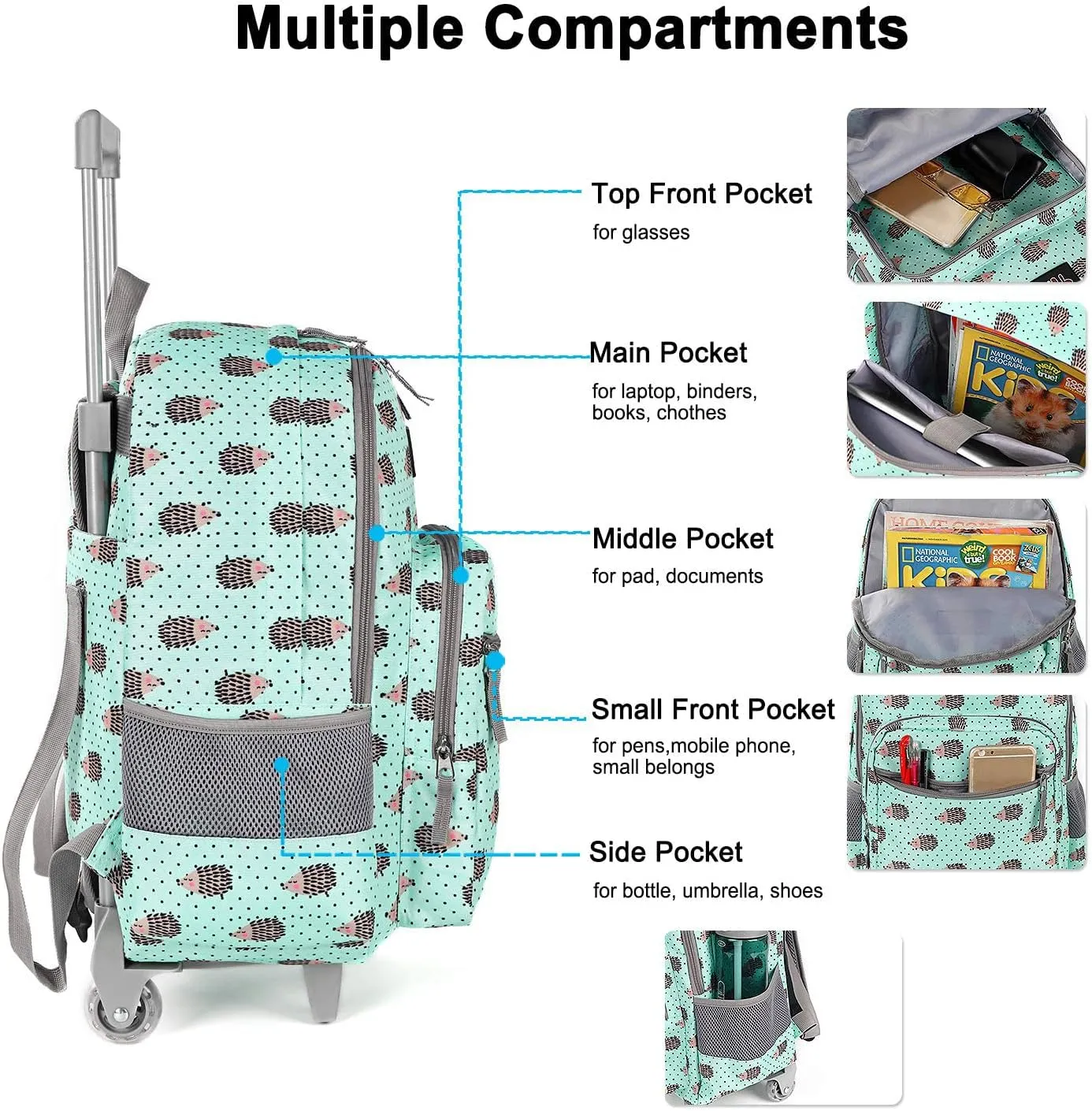Tilami Rolling Backpack 18 inch Double Handle with Lunch Bag Wheeled Kids Backpack for Girls and Boys, Hedgehog Green