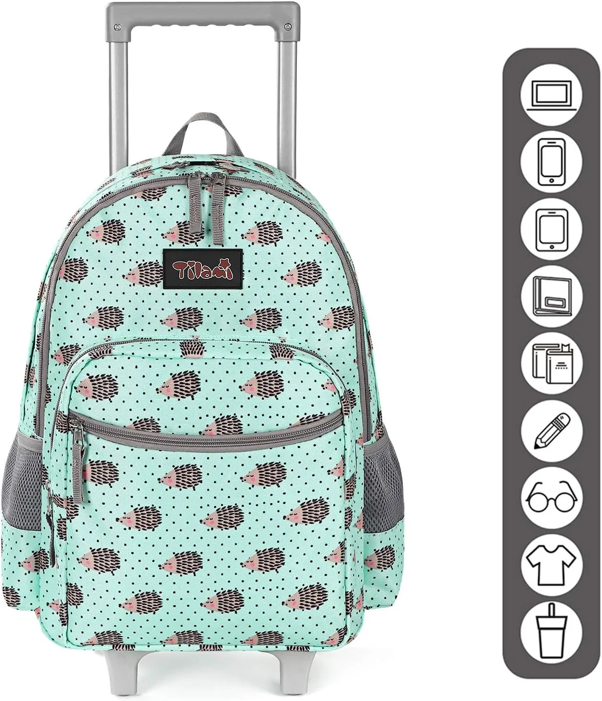 Tilami Rolling Backpack 18 inch Double Handle with Lunch Bag Wheeled Kids Backpack for Girls and Boys, Hedgehog Green