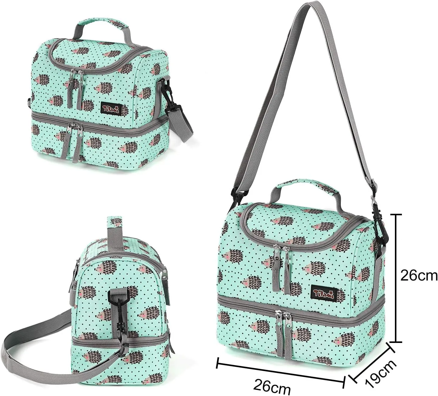 Tilami Rolling Backpack 18 inch Double Handle with Lunch Bag Wheeled Kids Backpack for Girls and Boys, Hedgehog Green
