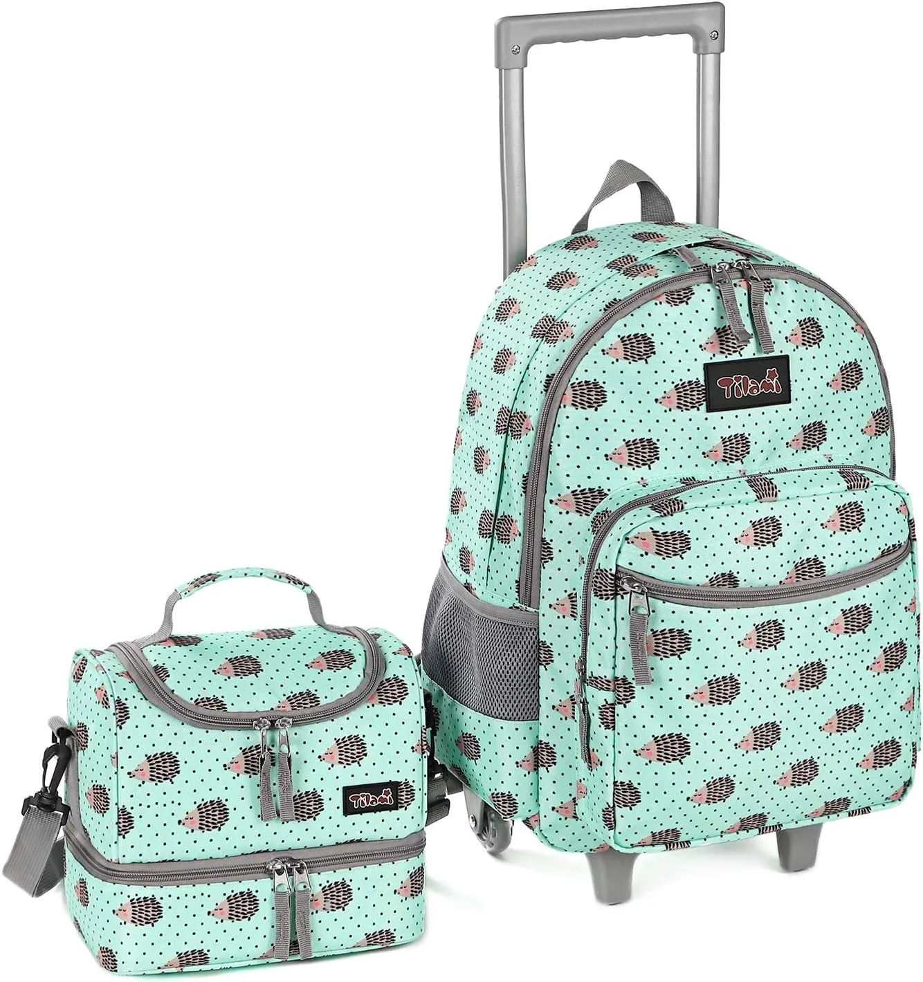 Tilami Rolling Backpack 18 inch Double Handle with Lunch Bag Wheeled Kids Backpack for Girls and Boys, Hedgehog Green