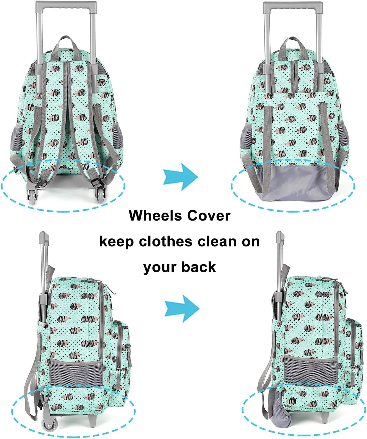 Tilami Rolling Backpack 18 inch Double Handle with Lunch Bag Wheeled Kids Backpack for Girls and Boys, Hedgehog Green